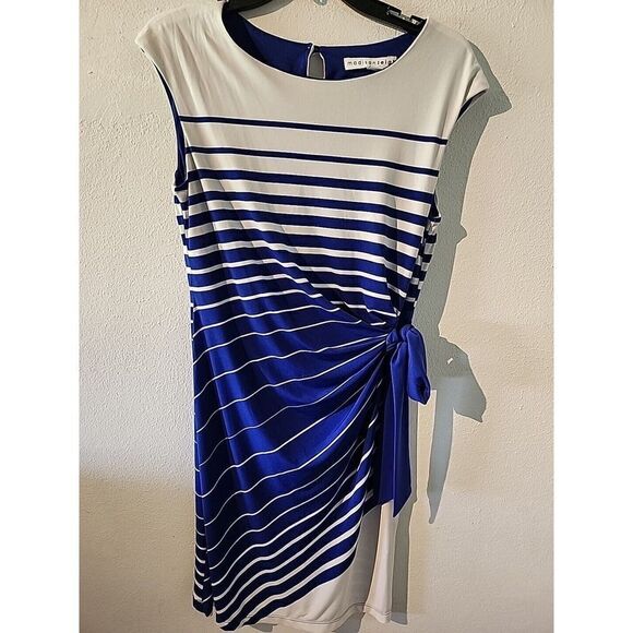 Madison Leigh Sheath Stretch Dress Womens Size 10 Blue White Cap Sleeve - Picture 6 of 7